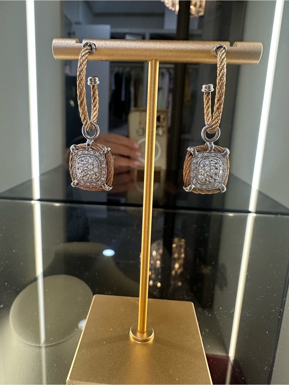 Two-Tone Yellow Gold and Silver Cable Drop Earrings with Pave Accents & Diamonds - Picture 3 of 9